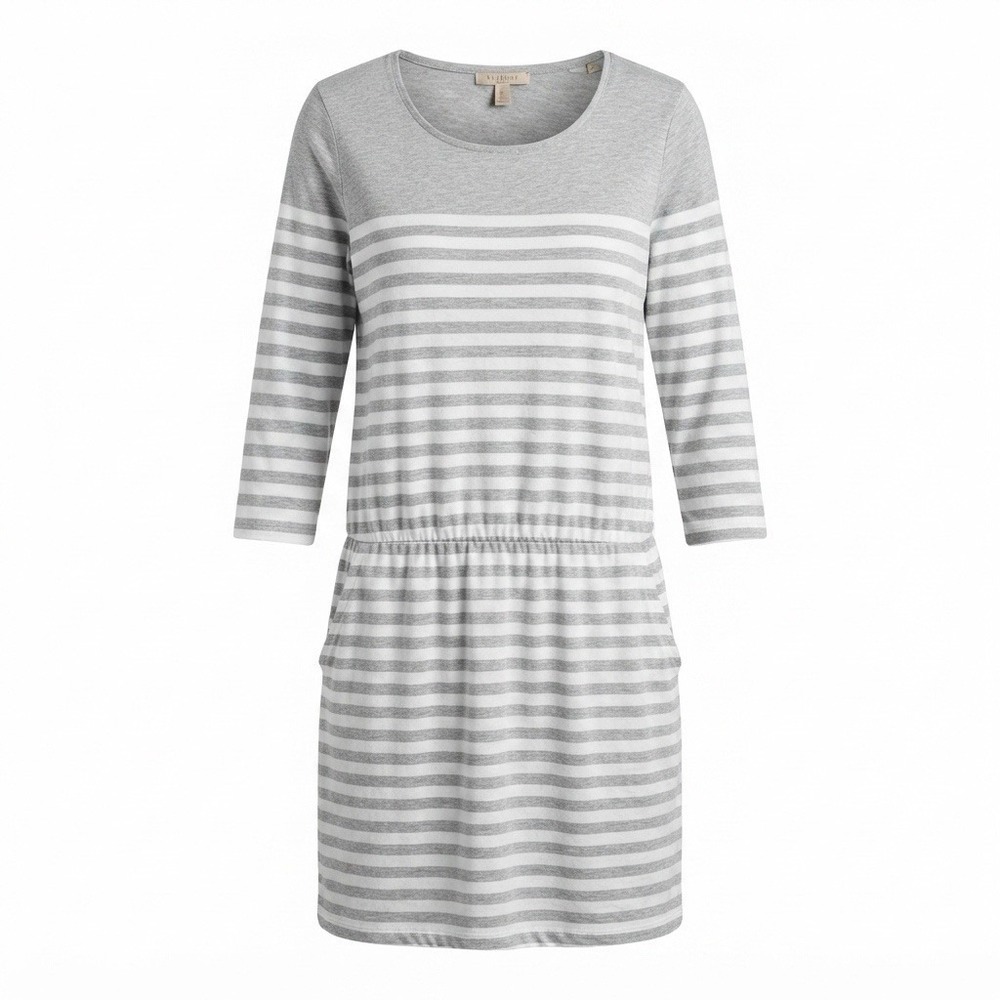 Banana Republic Women's Size Large Gray & White T-Shirt Striped Dress W/ Pockets